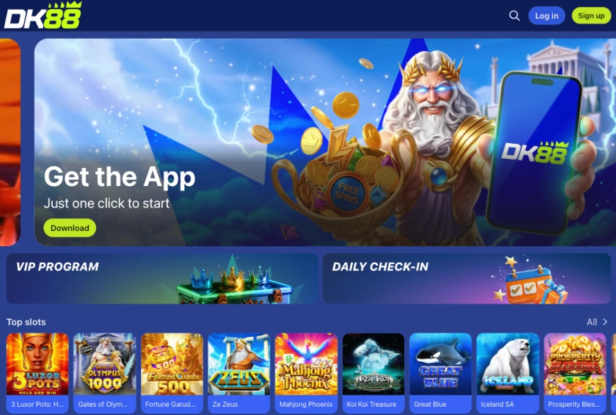 Banner Get the App DK88 dengan butang Download di atas jubin VIP Program dan Daily Check-In serta baris Top slots