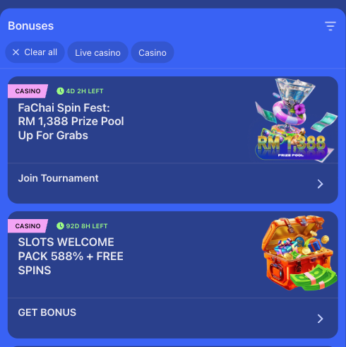 Skrin senarai bonus DK88 ditapis mengikut kasino, memaparkan tawaran FaChai Spin Fest dan pakej aluan slot 588%