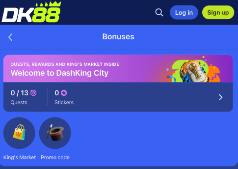 Skrin bonus DK88 menyenaraikan promosi yang tersedia selepas pendaftaran