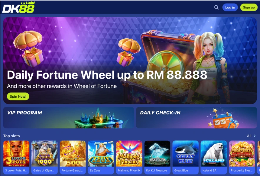 Skrin putaran Wheel of Fortune DK88 memaparkan segmen hadiah