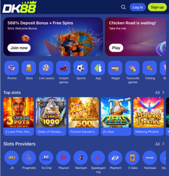 Ikon navigasi lobi DK88 di atas baris Top slots dan Slots Providers memaparkan logo studio termasuk Jili, Pragmatic dan Playtech
