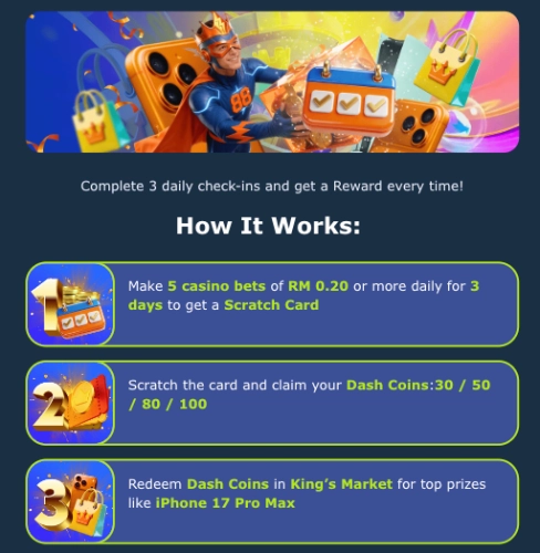 Panel How It Works DK88 menerangkan taruhan daftar masuk harian yang memberi kad kikis boleh ditukar kepada Dash Coins di King's Market