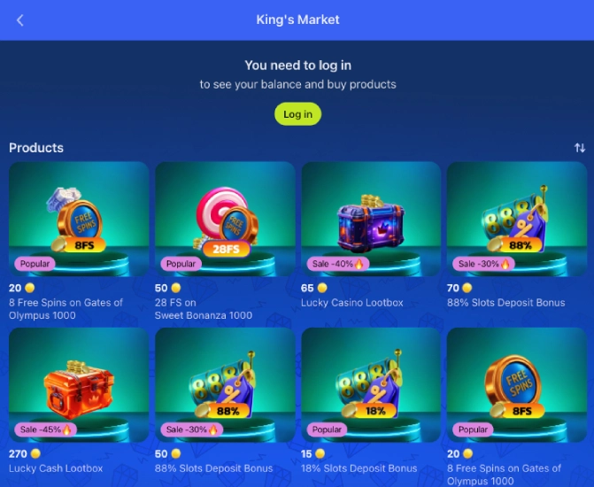 Skrin King's Market DK88 memaparkan produk yang boleh ditukar menggunakan syiling seperti putaran percuma, kotak harta dan bonus deposit slot
