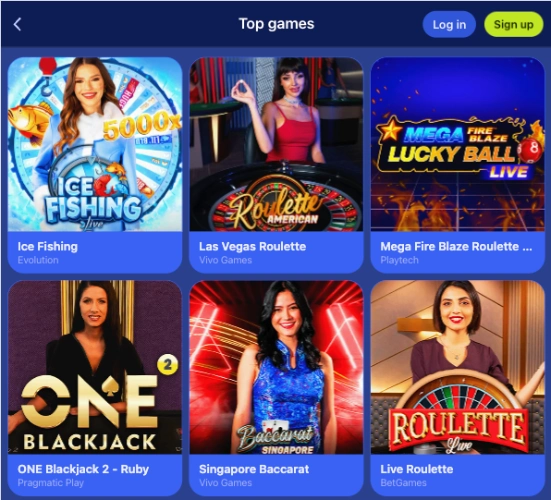 Permainan teratas kasino langsung DK88 memaparkan meja dihoskan dealer termasuk Ice Fishing, Las Vegas Roulette dan Singapore Baccarat