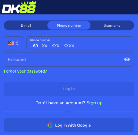 Skrin log masuk DK88 dengan medan nama pengguna dan kata laluan