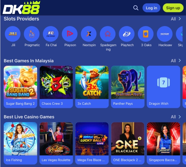 Skrin katalog permainan DK88 memaparkan baris Slots Providers, Best Games in Malaysia dan bahagian Best Live Casino Games