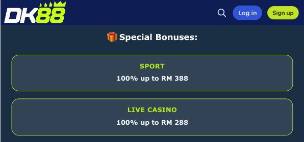 DK88 special bonus screen showing the sport bonus and live casino bonus components