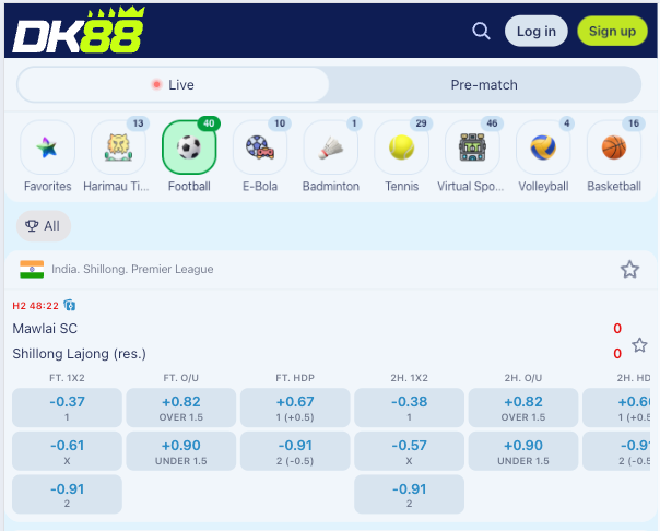Skrin sportsbook DK88 dengan tab Live dan Pre-match di atas ikon kategori sukan termasuk Football, Badminton, Tennis, Volleyball dan Basketball