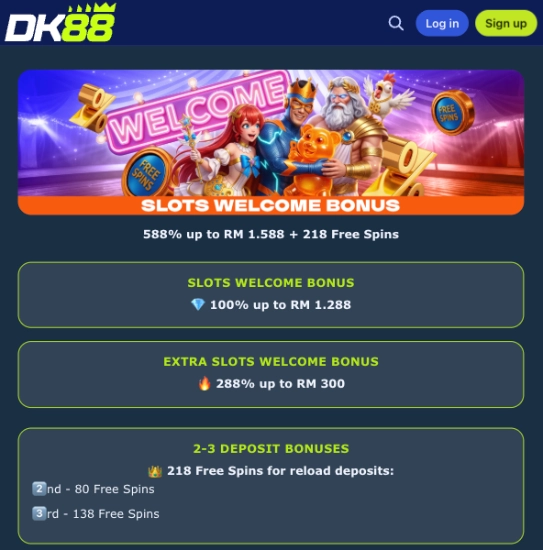 Skrin pakej bonus aluan DK88 memaparkan komponen slot, putaran percuma, sukan dan kasino langsung